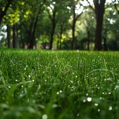 Naklejka premium Dew on vibrant green grass in sunlight