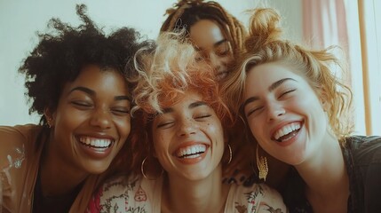 Obraz premium Four diverse women embracing, laughing, and smiling closely together.