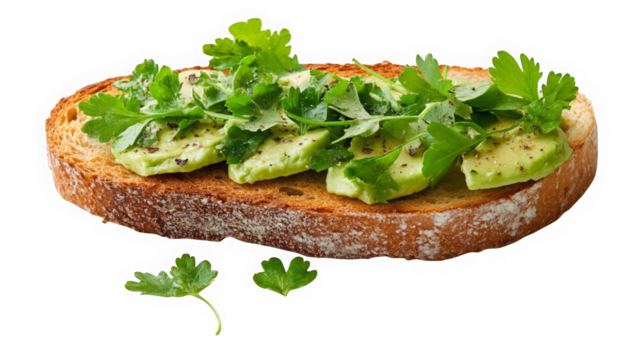 A simple yet satisfying culinary masterpiece, featuring perfectly ripe avocado slices atop toasted bread, garnished with fresh parsley.
