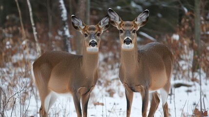 Obraz premium Two White-Tailed Deer in Snowy Winter Forest