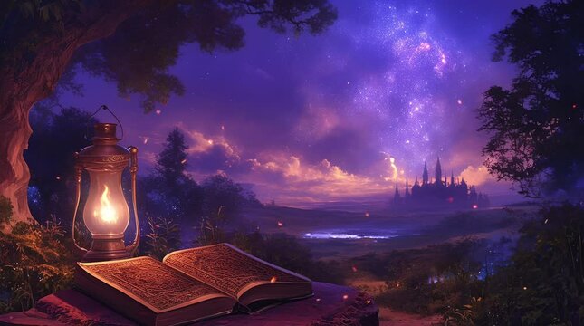 Glowing lantern and open book under a mystical tree on a fantasy night  
Seamless looping 4k time-lapse virtual video animation Generated AI