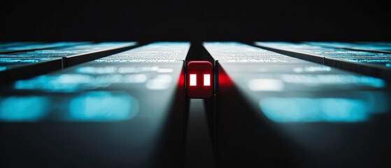 Futuristic Big Data Concept  Red Pause Button Amidst Digital Code Streams