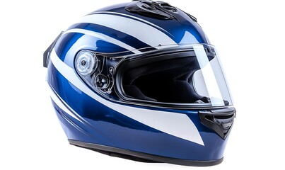 A blue and white motorcycle helmet designed for safety and style.