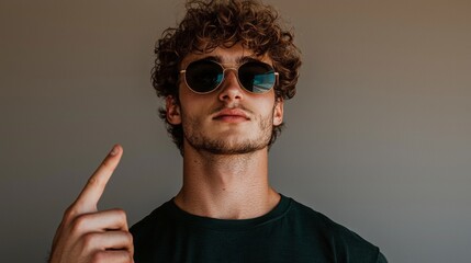 Obraz premium Trendy Young Man Sunglasses Studio Portrait Serious Pointing Casual