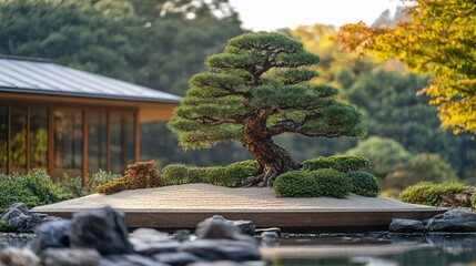 Majestic Bonsai Tree In Serene Garden Setting