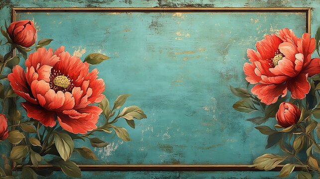 A chic rectangular sign with bold vintage floral motifs in vibrant reds and greens, set against a distressed teal background, displayed in a lively street market, bright and cheerful ambiance,