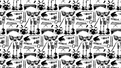 楽器のロゴイラストのシームレスパターン モノクロ windorchestra pattern © erink stock