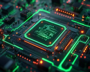 Futuristic circuit board with neon green lights, complex AI circuitry, advanced technology concept, glowing connections, digital innovation and progress