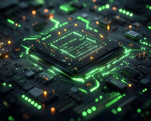 Obraz premium Futuristic circuit board with neon green lights, complex AI circuitry, advanced technology concept, glowing connections, digital innovation and progress