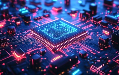 Futuristic glowing digital circuit board, vibrant neon lights, advanced artificial intelligence, technologydriven network, glowing connections, innovation concept