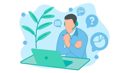 Customer service is serving customers by taking notes. good service 24 hours. Vector illustration in flat style