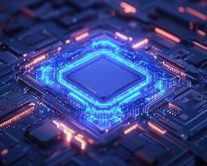 Fototapeta premium Glowing digital circuit board with electric blue lights, AI and technology fusion, futuristic innovation, techdriven design, artificial intelligence concept