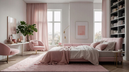 Obraz premium Tranquil pastel pink bedroom and reading area with cozy bed bookshelf and expansive window offering bright daylight and scenic views Transitional Interior Design