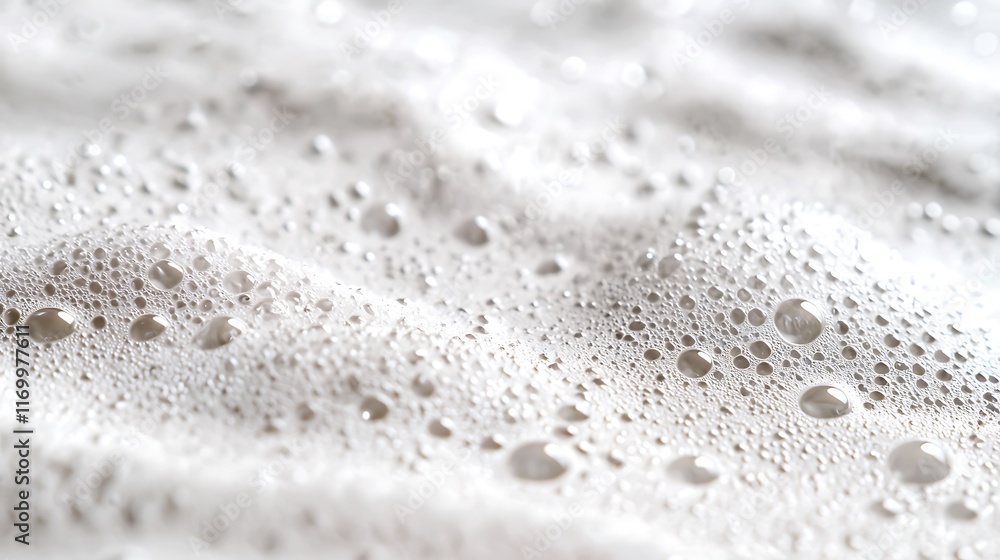 Poster close-up of white foam with varying sized bubbles, creating a textured surface.