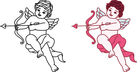 Cupid, the Roman god of love. Cupid is shown as a cherubic figure with wings, holding a bow and arrow. The arrow has a heart-shaped tip, symbolizing love and affection. Vector illustration