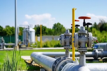 multistage pump industrial pipeline Concept. Industrial valves and pipelines in a sunny outdoor setting, showcasing gas infrastructure.