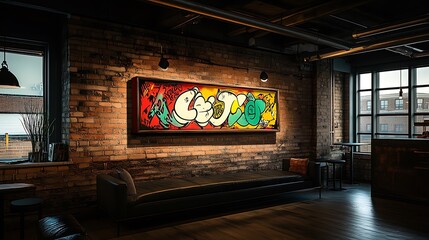 A dynamic rectangular clock with vibrant graffiti-inspired illustrations in bold reds, greens, and yellows, mounted on a brick wall in an urban-style loft,