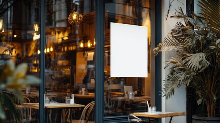 White promotion paper on the exterior glass of a stylish eatery, inviting customers with space for custom text or branding.
