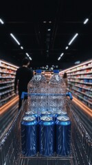 Supermarket Shopping Cart with Drinks  Water Bottles   Cans