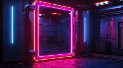 Fototapeta premium A futuristic rectangular mirror with a metallic border painted with glowing neon patterns in electric blues and purples, mounted on a high-tech wall with dynamic LED lighting,