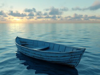 Serene boat floating on calm water at sunset.