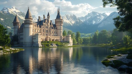 Obraz premium Enchanting castle landscape reflection in serene mountain lake