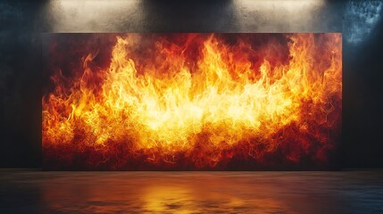 Fototapeta premium A large art canvas showcasing a fiery gradient transitioning from red to yellow, with fractal flame patterns spreading across the design,