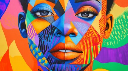 Obraz premium Colorful abstract female face art, vibrant geometric patterns, bold colors.