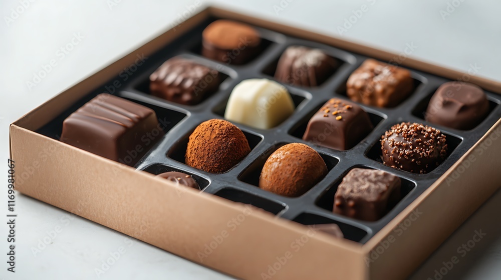 Poster a box of assorted chocolates arranged neatly for gifting or indulgence.