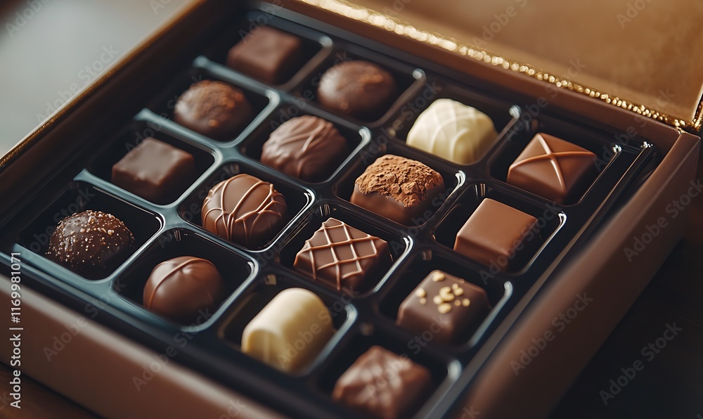 Poster a box of assorted chocolates arranged neatly for gifting or indulgence.