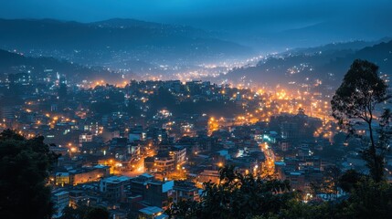 Fototapeta premium Night cityscape view, illuminated buildings nestled in hills. Ideal for travel, city life, or urban development concepts.