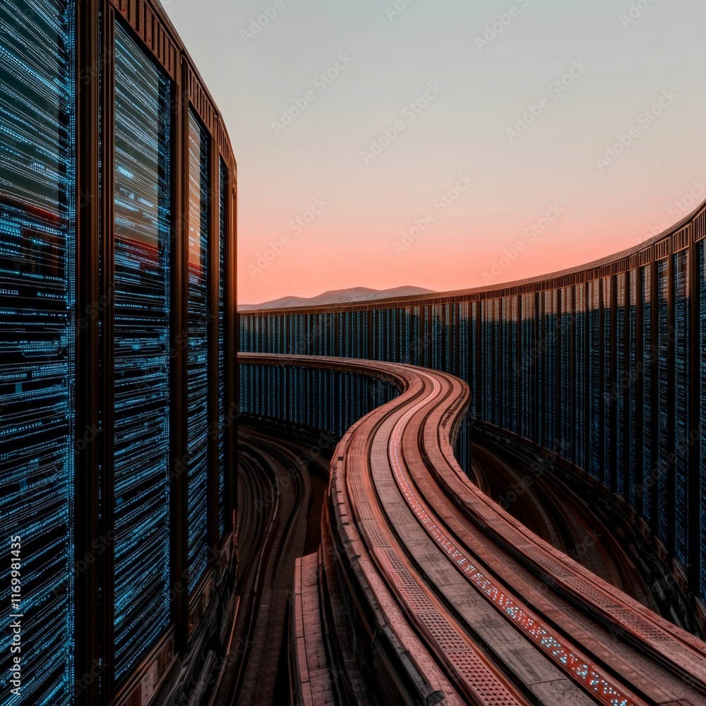 Aufkleber futuristic data center curved rails digital code walls big data concept