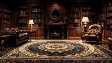 Obraz premium A luxurious oriental rug with elaborate medallion patterns in muted greens and golds, spread out in an opulent study with leather furniture,