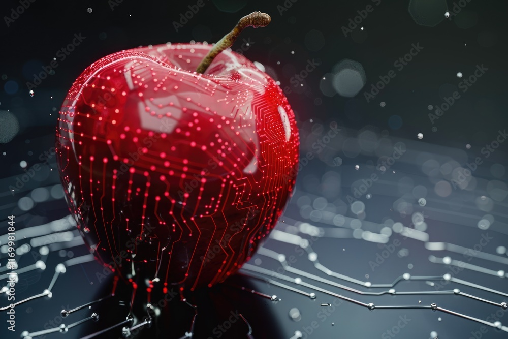 Poster a red apple with integrated circuitry, symbolizing technology and the fusion of nature with advanced