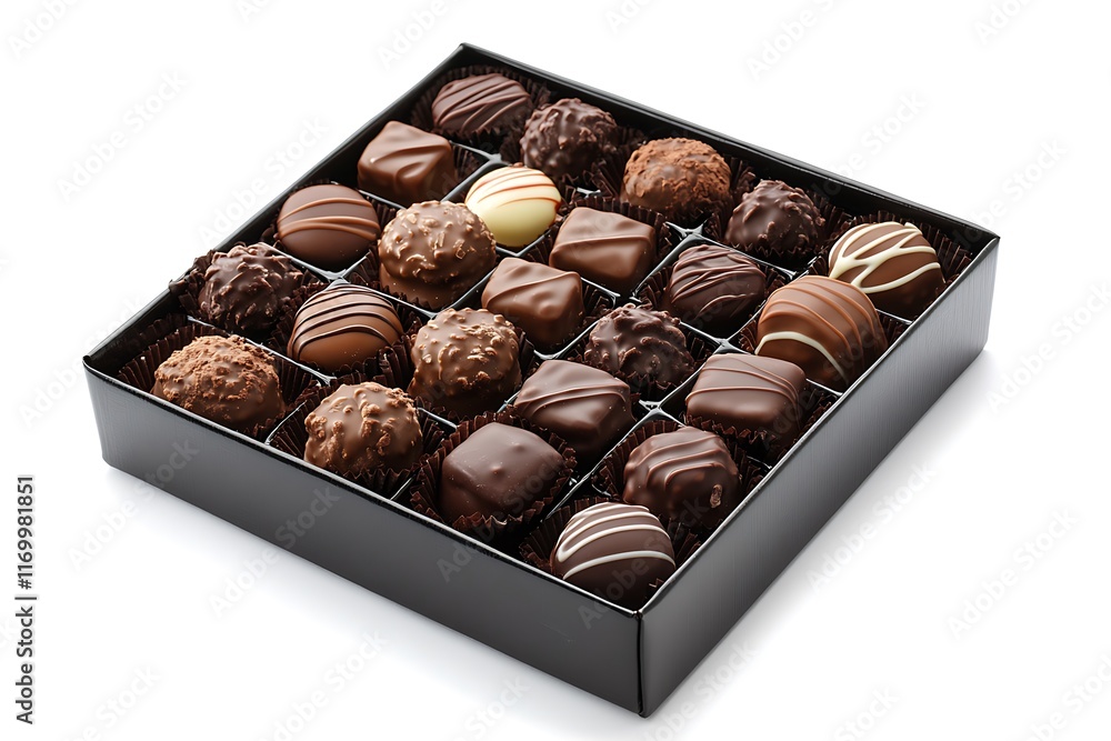 Aufkleber a box of assorted chocolates featuring various shapes and toppings.
