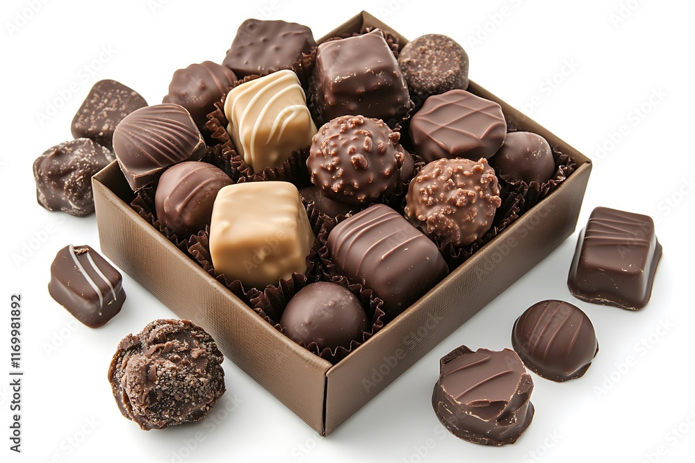 Poster a box of assorted chocolates, showcasing various shapes and textures of confections.