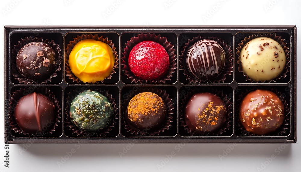 Poster a box of assorted gourmet chocolates arranged in a neat presentation.