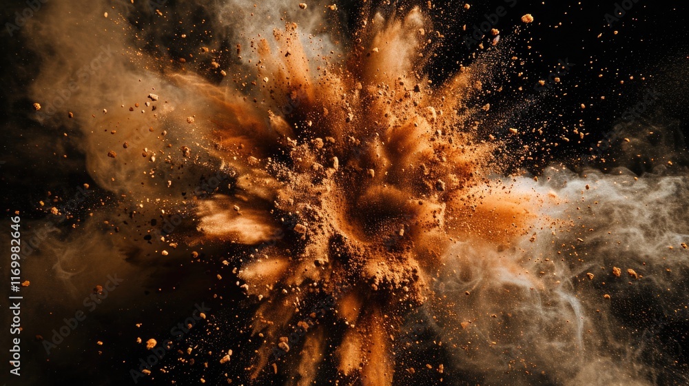 Poster dramatic explosion with particles flying into the air, creating a sense of chaos and power.