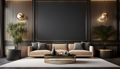 living room interior -  3D-rendered luxury modern living room with a dark color scheme and an empty black wall 