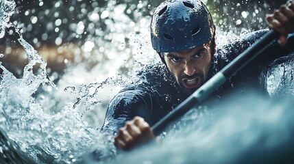 Fototapeta premium Close-up of a male athlete intensely navigating a canoe during a slalom competition, water splashing dynamically around him