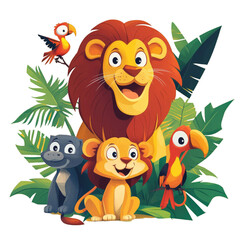 Delightful Cartoon Jungle Scene Featuring a Joyful Lion Family and Colorful Parrots in a Lush Tropical Setting