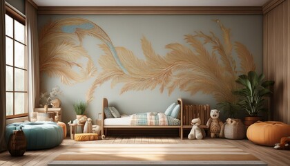 3D-rendered wall mock-up is featured in background of a children's room interior