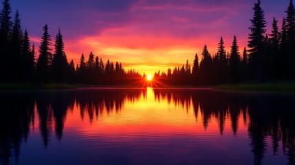 Fototapeta premium Sunset reflection over calm lake forest landscape nature photography