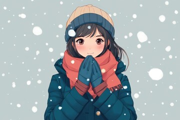 Anime Girl Winter Snow Cozy Warmth Happiness