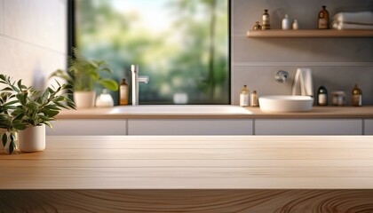 An empty tabletop provides a perfect setting for product display against a blurred bathroom