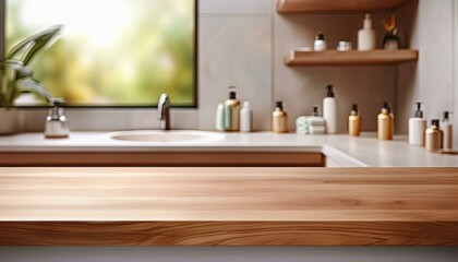 An empty tabletop provides a perfect setting for product display against a blurred bathroom