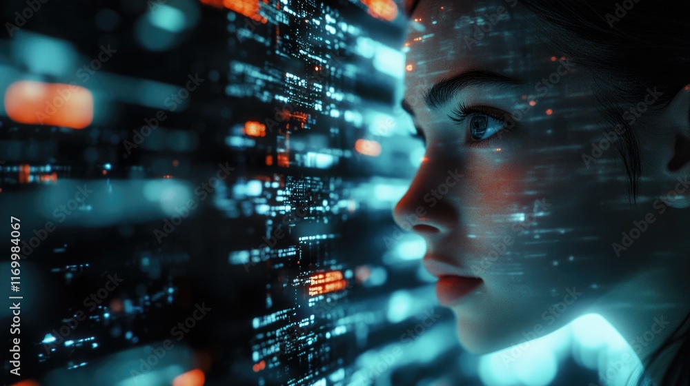 Poster a woman immersed in an ai-driven virtual world, surrounded by complex digital interfaces and futuris
