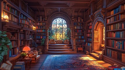 Obraz premium Reading retreat cozy library elegant home warm atmosphere