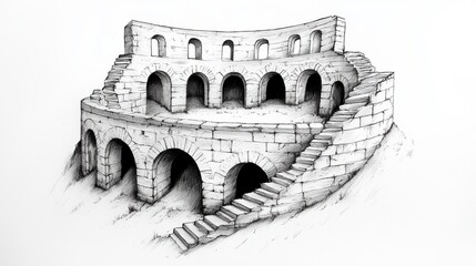 Obraz premium Hand-drawn sketch of ancient stone amphitheater with stairs and arches