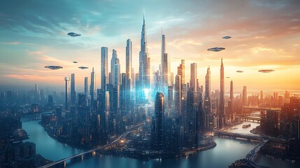 Fototapeta premium Futuristic ufo encounter metropolis digital art sunset aerial view